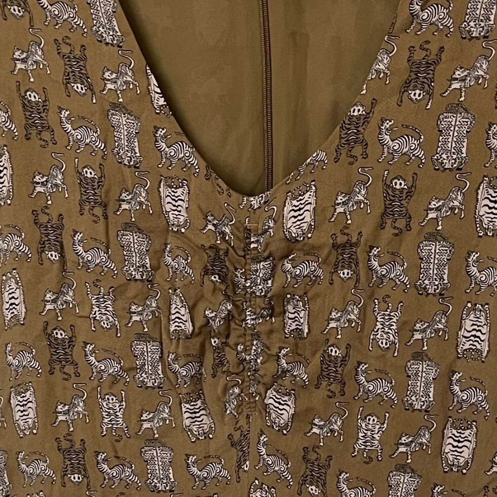 & OTHER STORIES | Khaki Olive Tiger Printed Flounce Mini Ruched Dress | Size 6 - Picture 4 of 12